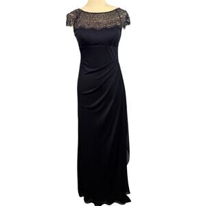 Xscape Illusion Cap Sleeve Beaded Neckline Ruched Drape Navy Gown Dress Sz 4